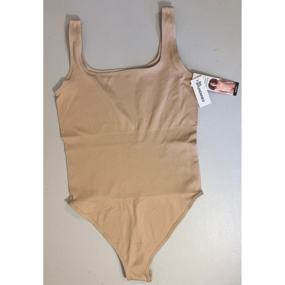 No Boundaries Bodysuit Women‎ XL Tan Seamless Ribbed Square Neck NEW